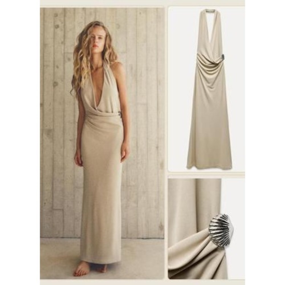 NWT ZARA Halter Neck Drape Maxi Dress Formal Evening Gown Seashell‎ Beige